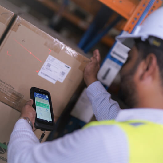 A worker performing a warehouse survey, with a mobile in hand